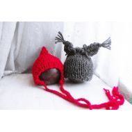 ZucchiniIslandKnits Newborn Photo Props for Twins / Red Riding and Wolf Hats / Newborn Girl, Newborn Boy