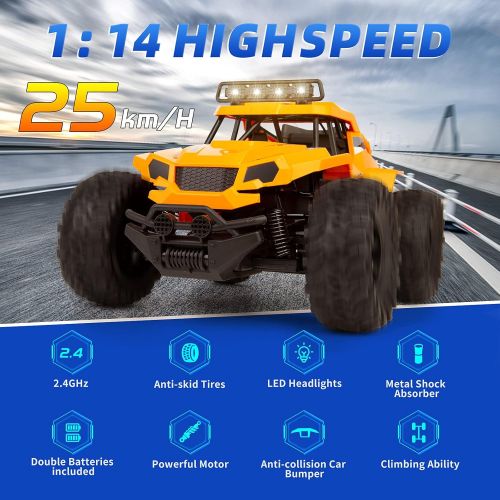  zuhafa 1:14 Scale RC Trucks K14,25kmh High Speed for Adults Boys Kids, RC Cars 2.4GHz All Terrain Off Road Monster Hobby Toys Gift with Headlights 2 Batteries