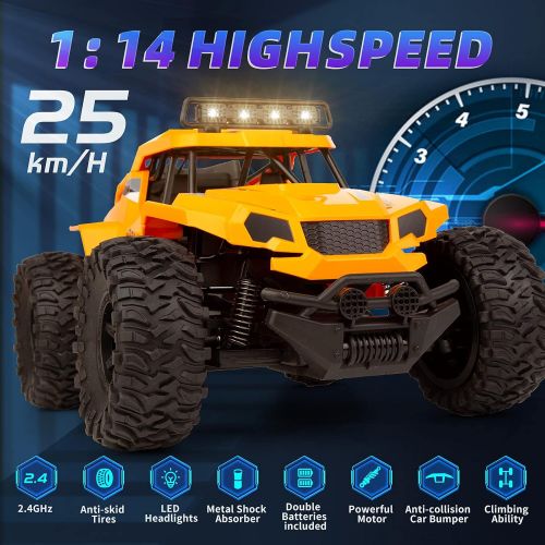  zuhafa 1:14 Scale RC Trucks K14,25kmh High Speed for Adults Boys Kids, RC Cars 2.4GHz All Terrain Off Road Monster Hobby Toys Gift with Headlights 2 Batteries