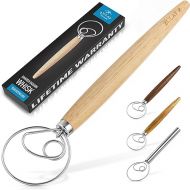Zulay Kitchen 13-Inch Danish Dough Whisk - Wooden Danish Whisk for Dough with Stainless Steel Dough Hook - Traditional Dutch Whisk - Bread Whisk for Sourdough, Pizza, Pastry, Cake Batter
