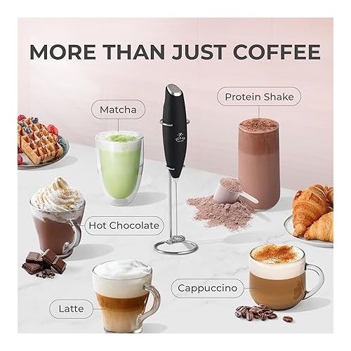  Zulay Kitchen Powerful Milk Frother Wand - Ultra Fast Handheld Drink Mixer - Electric Whisk Foam Maker for Coffee, Lattes, Cappuccino, Frappe, Matcha, Hot Chocolate & Coffee Creamer - Milk Boss Black