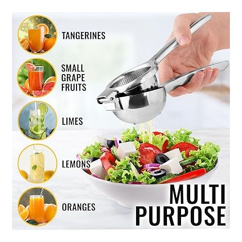  Zulay Kitchen Lemon Squeezer Stainless Steel - Premium Quality, Heavy Duty Solid Metal Squeezer Bowl - Large Manual Citrus Press Juicer and Lime Squeezer Stainless Steel