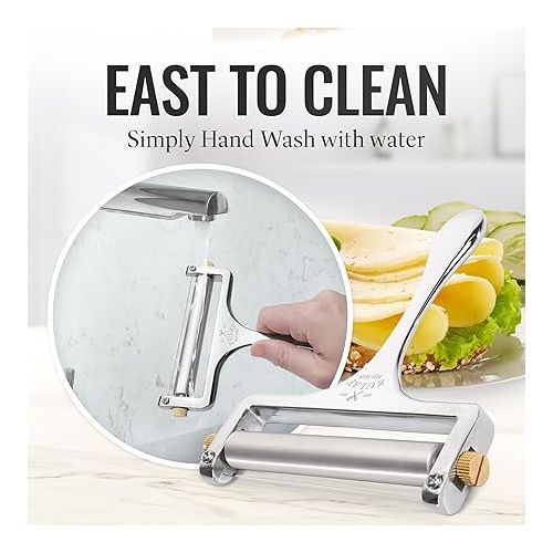  Zulay Kitchen Stainless Steel Wire Cheese Slicer - Adjustable Hand Held Cheese Cutter with 2 Extra Wires - Premium Cheese Shaver for Mozzarella, Cheddar, Gruyere - Cheese Cutter with Wire (Silver)