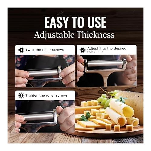  Zulay Kitchen Stainless Steel Wire Cheese Slicer - Adjustable Hand Held Cheese Cutter with 2 Extra Wires - Premium Cheese Shaver for Mozzarella, Cheddar, Gruyere - Cheese Cutter with Wire (Silver)