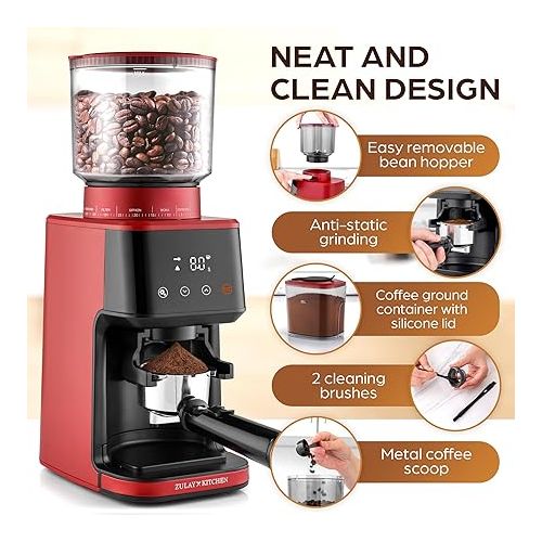  Zulay Kitchen Espresso Grinder - Burr Coffee Grinder Electric - Espresso Bean Grinder & Coffee Bean Grinder - Commercial Coffee Grinder Espresso - Burr Grinder Espresso Coffee Grinder - Red