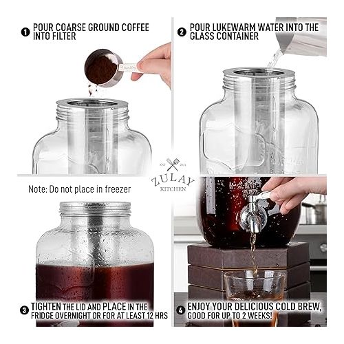  Zulay Kitchen 1 Gallon Cold Brew Coffee Maker - Large Iced Tea & Cold Brew Pitcher with Extra-Thick Glass & Stainless Steel Infuser - Cold Brew Coffee Maker with Airtight Lid & Spout (Silver)