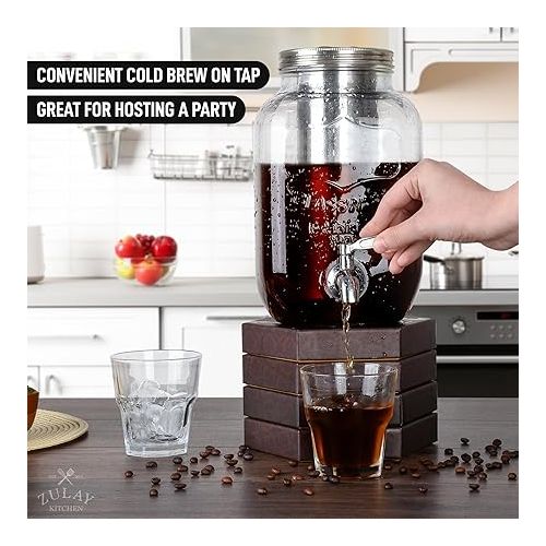  Zulay Kitchen 1 Gallon Cold Brew Coffee Maker - Large Iced Tea & Cold Brew Pitcher with Extra-Thick Glass & Stainless Steel Infuser - Cold Brew Coffee Maker with Airtight Lid & Spout (Silver)