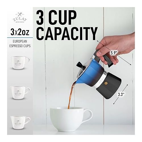  Zulay Kitchen Stovetop Espresso Maker - Moka Pot 3 Espresso Cups - Percolator Coffee Maker for Classic Cuban & Italian Style Espresso - Portable Coffee Maker for Camping & Travel - (Blue/Black)