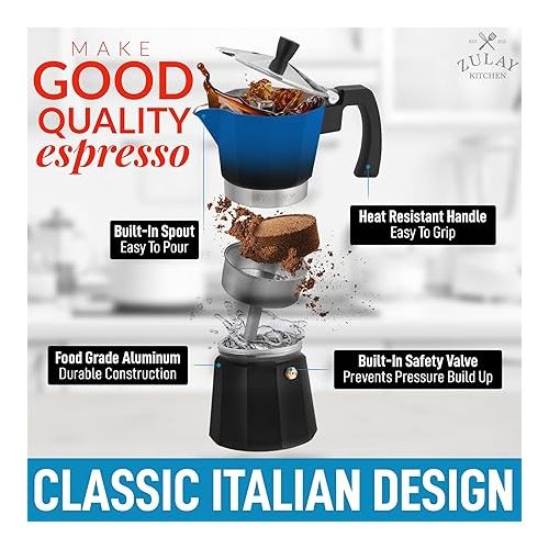  Zulay Kitchen Stovetop Espresso Maker - Moka Pot 3 Espresso Cups - Percolator Coffee Maker for Classic Cuban & Italian Style Espresso - Portable Coffee Maker for Camping & Travel - (Blue/Black)
