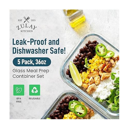  Zulay 5-Pack 36oz BPA-Free Borosilicate Glass Food Storage Containers, Airtight Lids, Dishwasher/Freezer Safe - For Meal Prep, Kitchen Storage