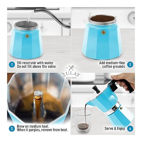  Zulay Kitchen Stovetop Espresso Maker - Moka Pot 6 Espresso Cups - Percolator Coffee Maker for Classic Cuban & Italian Style Espresso - Portable Coffee Maker for Camping & Travel - (Blue)