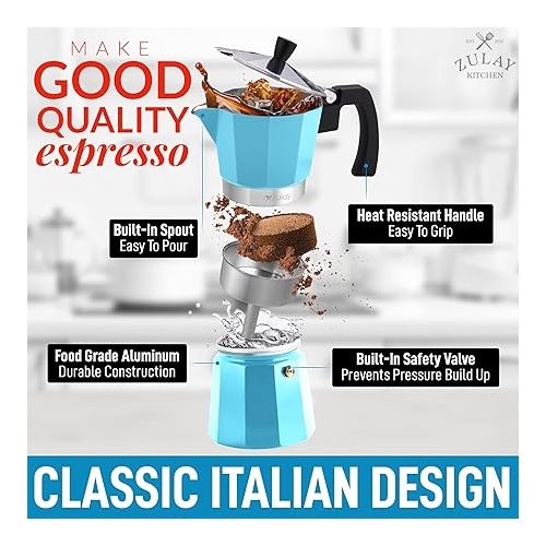  Zulay Kitchen Stovetop Espresso Maker - Moka Pot 6 Espresso Cups - Percolator Coffee Maker for Classic Cuban & Italian Style Espresso - Portable Coffee Maker for Camping & Travel - (Blue)