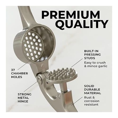  Zulay Kitchen Premium Garlic Press Set - Rust Proof & Dishwasher Safe Professional Garlic Mincer Tool - Easy-Squeeze, Easy-Clean with Soft, Ergonomic Handle - Silicone Garlic Peeler & Brush (Silver)