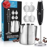 Zulay Kitchen Premium Gift Milk Frother Complete Set - Handheld Foam Maker, Stencils & Frothing Pitcher Set - Whisk Drink Mixer for Coffee - Mini Blender for Cappuccino, Frappe - Black
