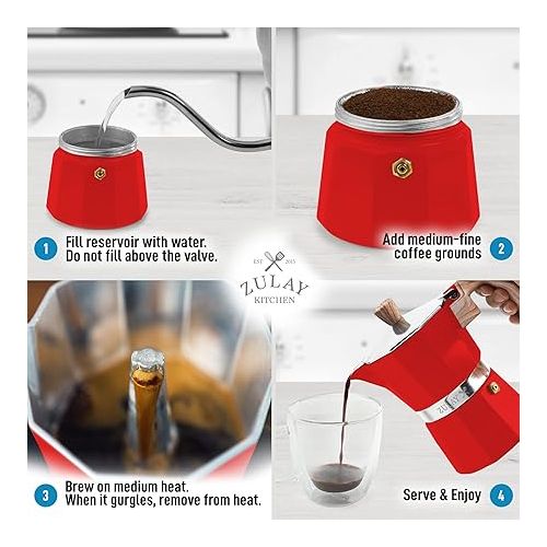  Zulay Kitchen Stovetop Espresso Maker - Moka Pot 3 Espresso Cups - Percolator Coffee Maker for Classic Cuban & Italian Style Espresso - Portable Coffee Maker for Camping & Travel - (Red)