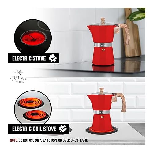  Zulay Kitchen Stovetop Espresso Maker - Moka Pot 3 Espresso Cups - Percolator Coffee Maker for Classic Cuban & Italian Style Espresso - Portable Coffee Maker for Camping & Travel - (Red)
