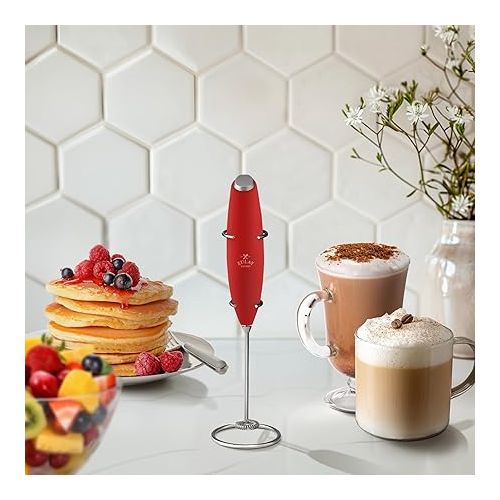  Zulay Powerful Milk Frother Handheld Foam Maker for Lattes - Whisk Drink Mixer for Coffee, Mini Foamer for Cappuccino, Frappe, Matcha, Hot Chocolate by Milk Boss (Cardinal Red)