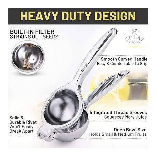  Zulay Kitchen Lemon Squeezer - Stainless Steel, Easy to Use Lemon Juicer Squeezer - Sturdy, Easy to Clean Lemon Juicer - Metal Lemon Press Juice Press - Citrus Juicer, Handheld Juicer - Silver