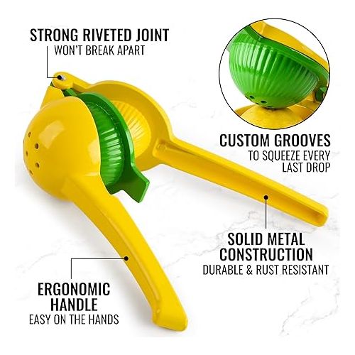  Zulay Kitchen Metal 2-in-1 Lemon Squeezer - Sturdy Max Extraction Hand Juicer Lemon Squeezer Gets Every Last Drop - Easy to Clean Manual Citrus Juicer - Easy-Use Lemon Juicer Squeezer - Yellow/Green