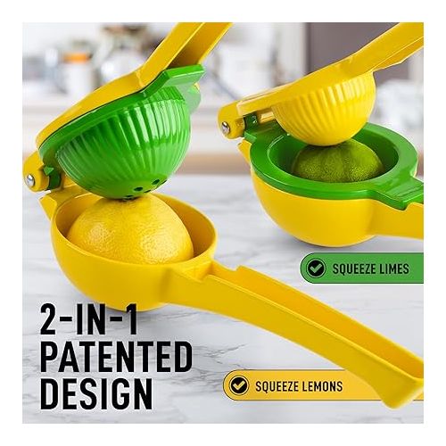  Zulay Kitchen Metal 2-in-1 Lemon Squeezer - Sturdy Max Extraction Hand Juicer Lemon Squeezer Gets Every Last Drop - Easy to Clean Manual Citrus Juicer - Easy-Use Lemon Juicer Squeezer - Yellow/Green
