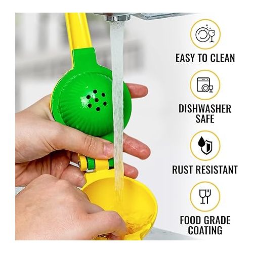  Zulay Kitchen Metal 2-in-1 Lemon Squeezer - Sturdy Max Extraction Hand Juicer Lemon Squeezer Gets Every Last Drop - Easy to Clean Manual Citrus Juicer - Easy-Use Lemon Juicer Squeezer - Yellow/Green