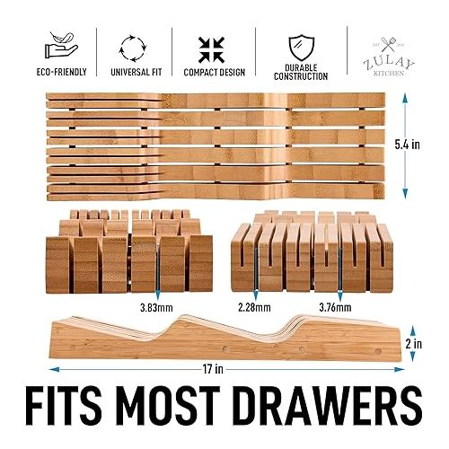  Zulay Kitchen Bamboo Knife Drawer Organizer Insert - Edge-Protecting Knife Organizer Block Holds Up To 11 Knives - Smooth Finish Drawer Knife Organizer Tray Fits In Most Drawers For Kitchen