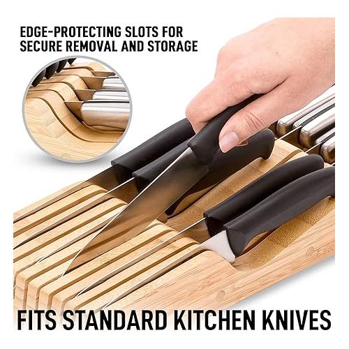  Zulay Kitchen Bamboo Knife Drawer Organizer Insert - Edge-Protecting Knife Organizer Block Holds Up To 11 Knives - Smooth Finish Drawer Knife Organizer Tray Fits In Most Drawers For Kitchen