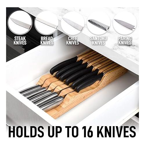  Zulay Kitchen Bamboo Knife Drawer Organizer Insert - Edge-Protecting Knife Organizer Block Holds Up To 11 Knives - Smooth Finish Drawer Knife Organizer Tray Fits In Most Drawers For Kitchen