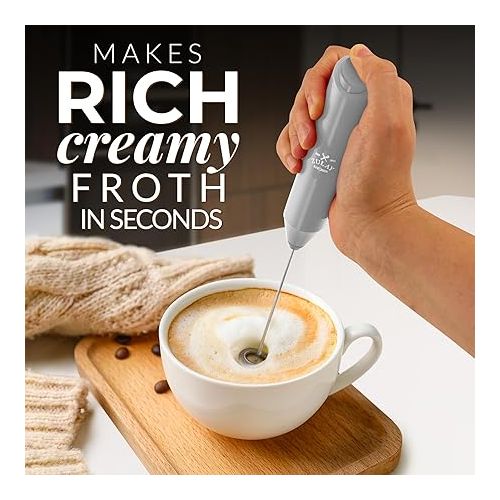  Zulay Kitchen Powerful Milk Frother Wand - Mini Milk Frother Handheld Stainless Steel - Battery Operated Drink Mixer for Coffee, Lattes, Cappuccino, Matcha - Froth Mate Milk Frother Gift - Gray