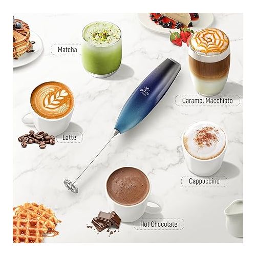  Zulay Powerful Milk Frother for Coffee with Powerful Motor - Handheld Frother Electric Whisk, Milk Foamer, Mini Mixer, Coffee Blender Frother for Frappe, Latte, Matcha, No Stand - Deep Sea