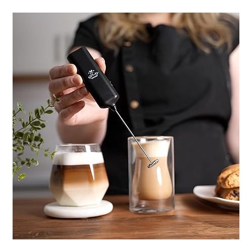  Powerful Mini Froth Milk Frother Wand - Electric Hand Mixer - Portable Frother Handheld for Coffee - Drink Mixer for Lattes, Cappuccino, Matcha, Hot Chocolate, Creamer - Black