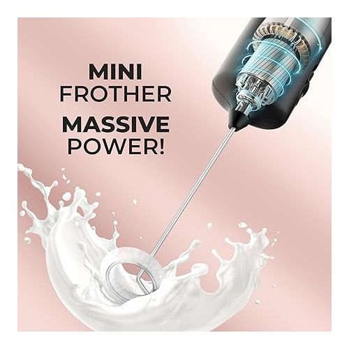  Powerful Mini Froth Milk Frother Wand - Electric Hand Mixer - Portable Frother Handheld for Coffee - Drink Mixer for Lattes, Cappuccino, Matcha, Hot Chocolate, Creamer - Black