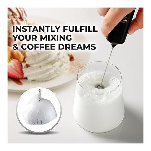  Powerful Mini Froth Milk Frother Wand - Electric Hand Mixer - Portable Frother Handheld for Coffee - Drink Mixer for Lattes, Cappuccino, Matcha, Hot Chocolate, Creamer - Black