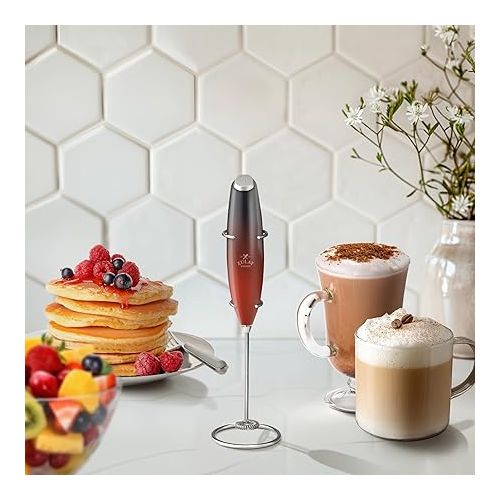  Zulay Powerful Milk Frother Handheld Foam Maker for Lattes - Whisk Drink Mixer for Coffee, Mini Foamer for Cappuccino, Frappe, Matcha, Hot Chocolate by Milk Boss (Fire Red)
