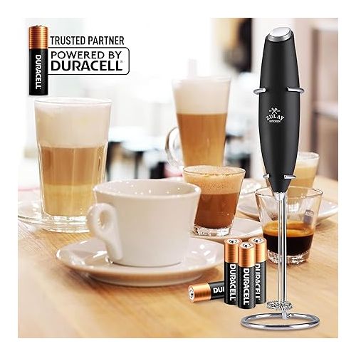  Zulay Kitchen Duracell Powered Milk Frother Wand - Handheld Milk Frother Drink Mixer for Coffee - Powerful Milk Foamer for Cappuccino, Frappe, Matcha, Hot Chocolate & Coffee Creamer - Black