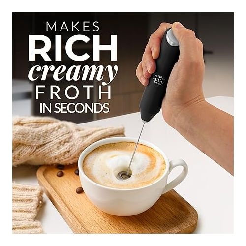  Zulay Kitchen Powerful Milk Frother Wand - Mini Milk Frother Handheld Stainless Steel - Battery Operated Drink Mixer for Coffee, Lattes, Cappuccino, Matcha - Froth Mate Milk Frother Gift - Black