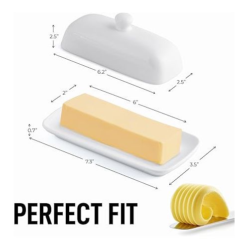  Zulay Kitchen Butter Dish With Lid For Countertop - Porcelain White, Ceramic Butter Dish with Knob Handle Great for Cooking - Elegant Design Butter Holder - Durable & Sturdy Butter Keeper