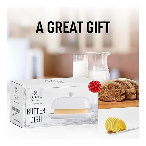  Zulay Kitchen Butter Dish With Lid For Countertop - Porcelain White, Ceramic Butter Dish with Knob Handle Great for Cooking - Elegant Design Butter Holder - Durable & Sturdy Butter Keeper