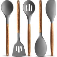 Zulay Kitchen Utensils Set Non-Stick Silicone Cooking Utensils Set with Authentic Acacia Wood Handles - 5 Piece Silicone Utensil Set - Silicone Kitchen Utensils Set with 464°F Heat Resistance - Gray