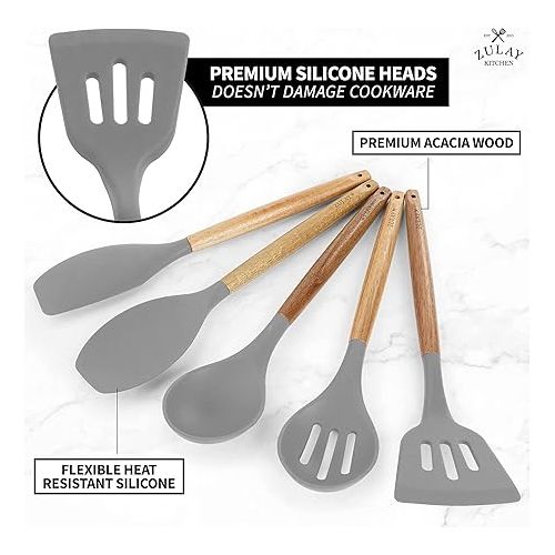  Zulay Kitchen Utensils Set Non-Stick Silicone Cooking Utensils Set with Authentic Acacia Wood Handles - 5 Piece Silicone Utensil Set - Silicone Kitchen Utensils Set with 464°F Heat Resistance - Gray