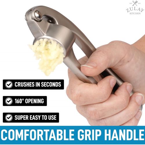  Zulay Kitchen Premium Garlic Press with Soft Easy-Squeeze Ergonomic Handle, Sturdy Design Extracts More Garlic Paste Per Clove, Garlic Crusher for Nuts & Seeds, Professional Garlic Mincer & Ging
