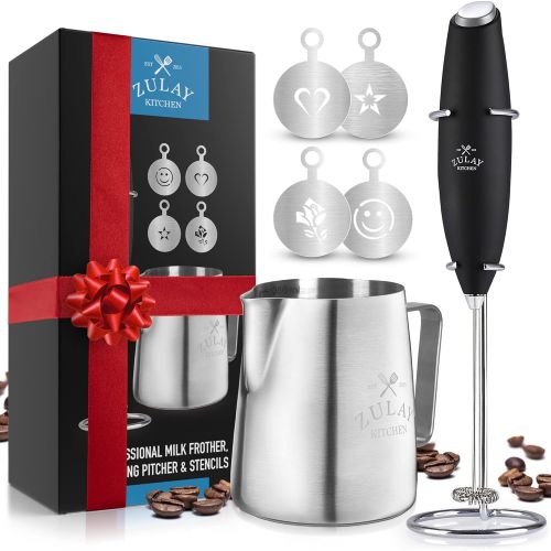  Zulay Kitchen Zulay Milk Frother Complete Set Coffee Gift, Handheld Foam Maker for Lattes - Whisk Drink Mixer for Bulletproof Coffee, Mini Blender for Cappuccino, Frappe - Includes Frother, Sten