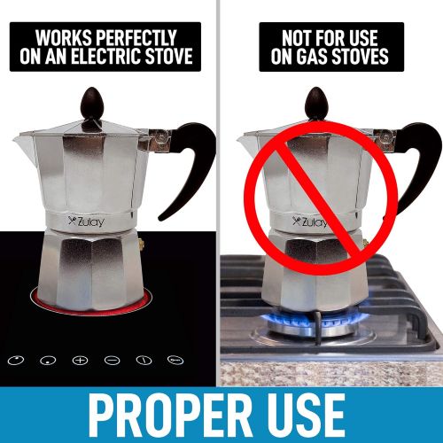  Zulay Kitchen Classic Stovetop Espresso Maker for Great Flavored Strong Espresso, Classic Italian Style 3 Espresso Cup Moka Pot, Makes Delicious Coffee, Easy to Operate & Quick Cleanup Pot - by