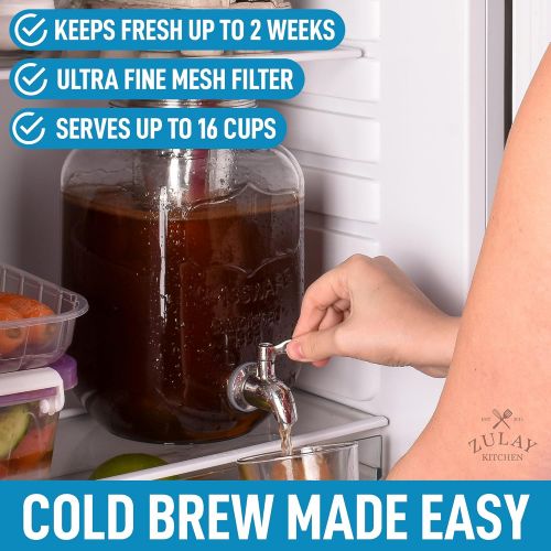  1 Gallon Cold Brew Coffee Maker with EXTRA-THICK Glass Carafe & Stainless Steel Mesh Filter - Premium Iced Coffee Maker, Cold Brew Pitcher & Tea Infuser - by Zulay Kitchen