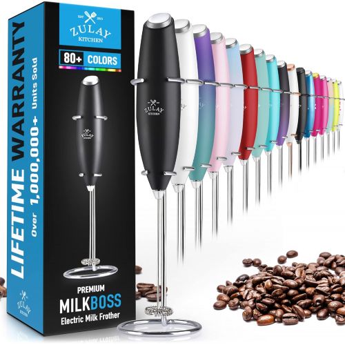  Zulay Kitchen Zulay Original Milk Frother Handheld Foam Maker for Lattes - Whisk Drink Mixer for Coffee, Mini Foamer for Cappuccino, Frappe, Matcha, Hot Chocolate by Milk Boss (Black)