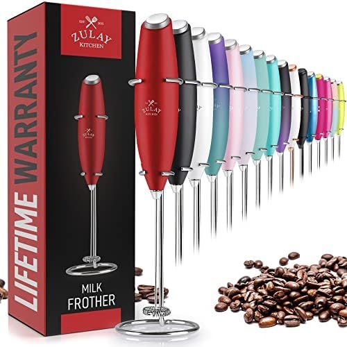  Zulay Kitchen Zulay Original Milk Frother Handheld Foam Maker for Lattes - Whisk Drink Mixer for Bulletproof Coffee, Mini Foamer for Cappuccino, Frappe, Matcha, Hot Chocolate by Milk Boss (Ruby