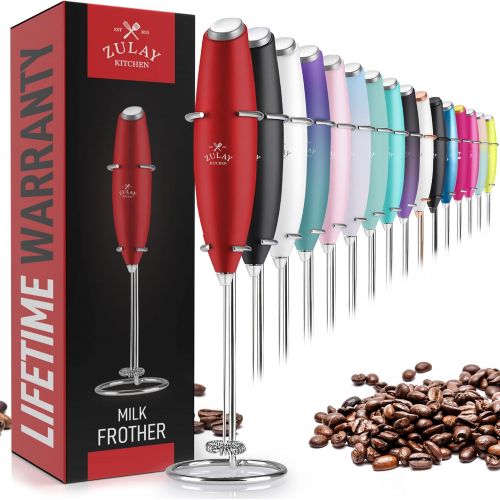  Zulay Kitchen Zulay Original Milk Frother Handheld Foam Maker for Lattes - Whisk Drink Mixer for Bulletproof Coffee, Mini Foamer for Cappuccino, Frappe, Matcha, Hot Chocolate by Milk Boss (Ruby