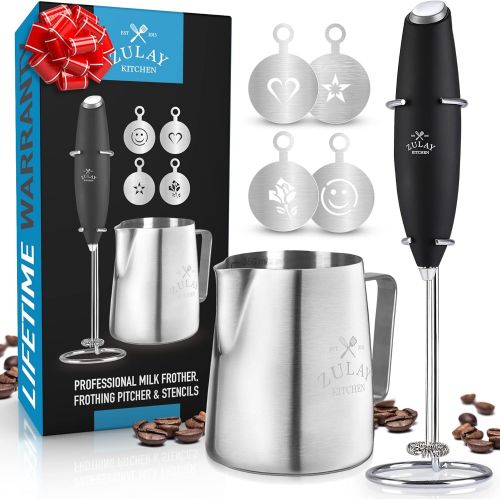  Zulay Kitchen Zulay Milk Frother Complete Set - Handheld Foam Maker for Lattes - Whisk Drink Mixer for Bulletproof Coffee, Mini Blender Perfect for Cappuccino, Frappe - Includes Frother, Stencil