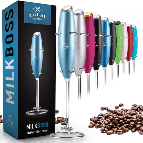  Zulay Original Milk Frother Handheld Foam Maker for Lattes - Whisk Drink Mixer for Bulletproof Coffee, Mini Foamer for Cappuccino, Frappe, Matcha, Hot Chocolate by Milk Boss (Metal