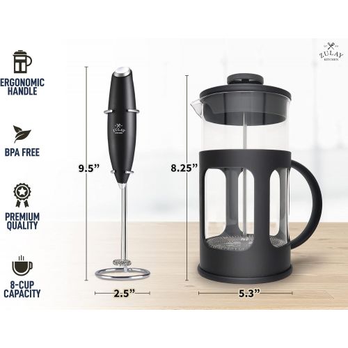  Zulay Kitchen Zulay Premium French Press Coffee Pot and Milk Frother Set - (8 Cups, 34 oz) Coffee Press Glass Carafe with Powerful Double-Mesh Stainless Steel Filter System for Filtering Out Fin